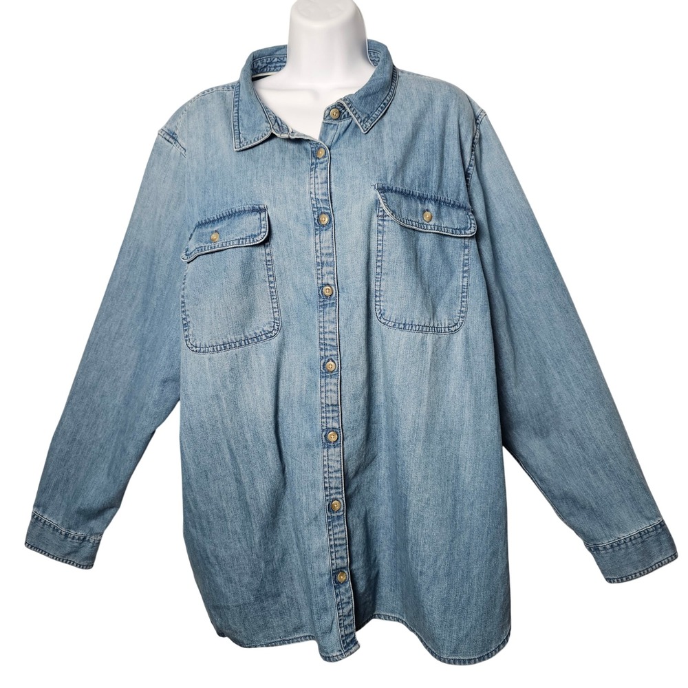 L.L.Bean Womens Two Pocket Denim Shirt 2X Blue Long Sleeve Cotton Coastal